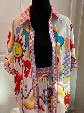 Colorful Graphic Button-Up Shirt Set with Sun & Unicorn Motifs